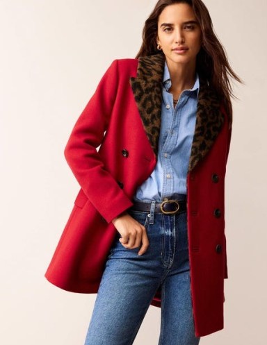 Boden Double-Breasted Wool Coat in Brilliant Red / women’s winter coats with faux fur leopard print collar and lining p - flipped