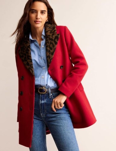 Boden Double-Breasted Wool Coat in Brilliant Red / women’s winter coats with faux fur leopard print collar and lining p