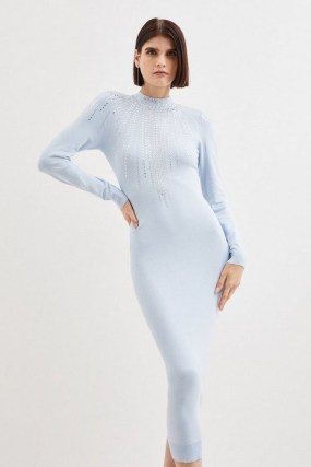 KAREN MILLEN Embellished Knit Midi Dress in Pale Blue – long sleeve turtleneck bodycon p - flipped