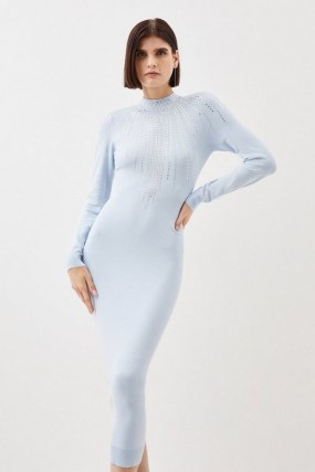 KAREN MILLEN Embellished Knit Midi Dress in Pale Blue – long sleeve turtleneck bodycon p