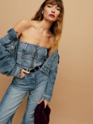 Reformation Ena Bustier Denim Top in Merritt | fitted strapless zip front tops p - flipped