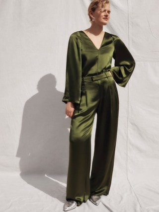 JIGSAW Satin Drape Trouser in Green / women’s silky evening occasion trousers p - flipped