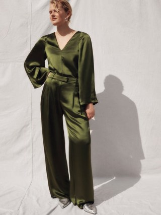 JIGSAW Satin Drape Trouser in Green / women’s silky evening occasion trousers p