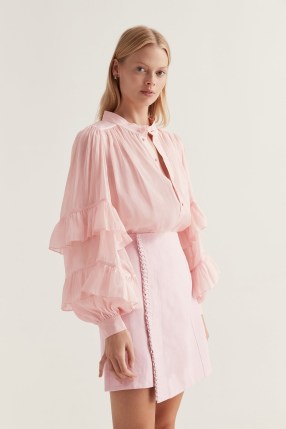 Aje Faith Ruffle Blouse in Soft Pink – womens romantic relaxed fit ruffled sleeved blouses – romance inspired tops - flipped