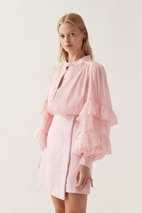 Aje Faith Ruffle Blouse in Soft Pink – womens romantic relaxed fit ruffled sleeved blouses – romance inspired tops