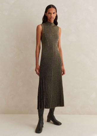 ME AND EM Fashioned Rib Metallic Fit and Flare Midi Dress in Black / Gold ~ sparkly sleeveless high neck occasion dresses ~ chic knitted evening clothing p