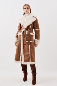 KAREN MILLEN Faux Shearling Contrast Cuff And Collar Wrap Midi Coat in Tan – women’s longline brown leather borg trimmed winter coats – tie waist belt