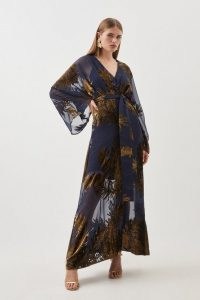 Karen Millen Feather Devore Woven Kimono Maxi Dress Navy – dark blue wide sleeve tie waist dresses – sheer occasion clothing p