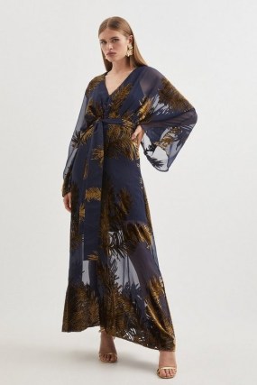 Karen Millen Feather Devore Woven Kimono Maxi Dress Navy – dark blue wide sleeve tie waist dresses – sheer occasion clothing p - flipped