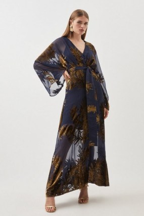 Karen Millen Feather Devore Woven Kimono Maxi Dress Navy – dark blue wide sleeve tie waist dresses – sheer occasion clothing p