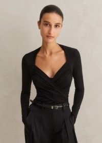 Me and EM Fitted Ruched Long Sleeve Top in Black | chic long sleeve plunge front tops