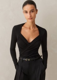Me and EM Fitted Ruched Long Sleeve Top in Black | chic long sleeve plunge front tops p - flipped