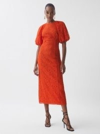 Reiss FLORERE LACE PUFF SLEEVE MIDI DRESS in ORANGE – romantic puff sleeve occasion dresses – vibrant evening event fashion