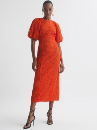 Reiss FLORERE LACE PUFF SLEEVE MIDI DRESS in ORANGE – romantic puff sleeve occasion dresses – vibrant evening event fashion p - flipped