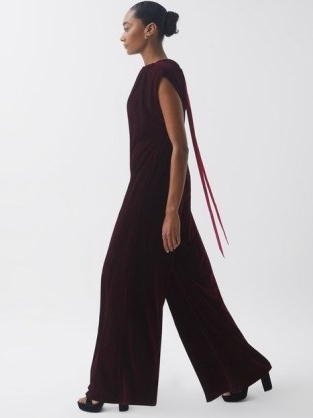REISS FLORERE RELAXED FIT VELVET TIE NECK JUMPSUIT in BURGUNDY / luxury rich red occasion jumpsuits with tonal pink ties p