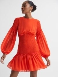 Reiss FLORERE ROUND NECK SHIRRED MINI DRESS in BRIGHT ORANGE – vibrant balloon sleeve occasion dresses