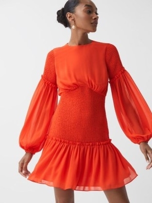 Reiss FLORERE ROUND NECK SHIRRED MINI DRESS in BRIGHT ORANGE – vibrant balloon sleeve occasion dresses p - flipped