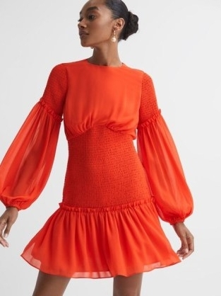 Reiss FLORERE ROUND NECK SHIRRED MINI DRESS in BRIGHT ORANGE – vibrant balloon sleeve occasion dresses p