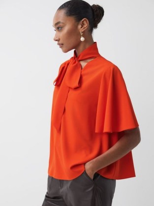 REISS FLORERE TIE NECK BLOUSE in Orange / vibrant wide sleeved blouses / chic clothing / bright fluid fabric angel sleeve tops / sophisticated looks p - flipped