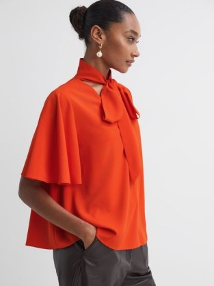 REISS FLORERE TIE NECK BLOUSE in Orange / vibrant wide sleeved blouses / chic clothing / bright fluid fabric angel sleeve tops / sophisticated looks p