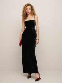 Reformation Frankie Velvet Dress in Black – spaghetti strap maxi dresses – elegant evening fashion – strappy occasion clothing – party glamour