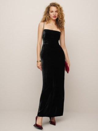 Reformation Frankie Velvet Dress in Black – spaghetti strap maxi dresses – elegant evening fashion – strappy occasion clothing – party glamour p - flipped