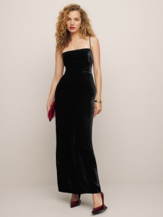 Reformation Frankie Velvet Dress in Black – spaghetti strap maxi dresses – elegant evening fashion – strappy occasion clothing – party glamour p