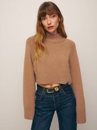 Reformation Garrett Cashmere Cropped Turtleneck in Camel ~ light brown relaxed fit sweater ~ women’s sustainable knitwear p