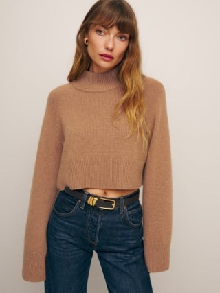 Reformation Garrett Cashmere Cropped Turtleneck in Camel ~ light brown relaxed fit sweater ~ women’s sustainable knitwear p - flipped