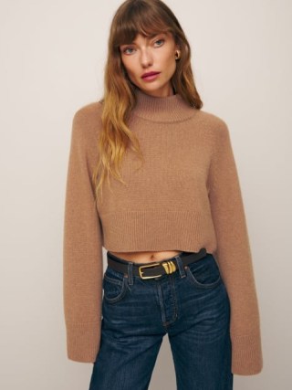 Reformation Garrett Cashmere Cropped Turtleneck in Camel ~ light brown relaxed fit sweater ~ women’s sustainable knitwear p
