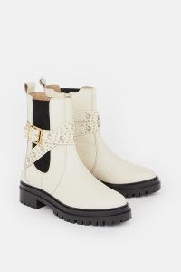 KAREN MILLEN Gemstone Strappy Chelsea Boot in Cream ~ women’s buckled embellished strap boots