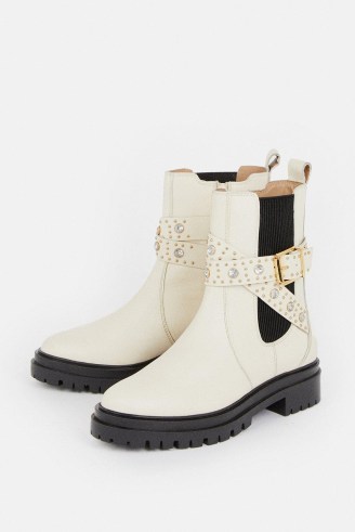 KAREN MILLEN Gemstone Strappy Chelsea Boot in Cream ~ women’s buckled embellished strap boots p - flipped