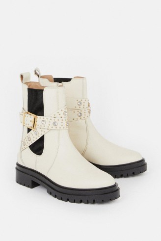 KAREN MILLEN Gemstone Strappy Chelsea Boot in Cream ~ women’s buckled embellished strap boots p