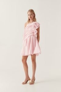 Aje Genesis Mini Dress in Soft Pink – asymmetric party fashion – drape detail fit and flare occasion dresses