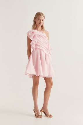 Aje Genesis Mini Dress in Soft Pink – asymmetric party fashion – drape detail fit and flare occasion dresses - flipped