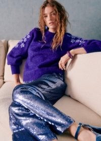 sezane GEORGIO TROUSERS in Storm Blue Sequins – women’s retro style fashion – glittering 70s vintage inspired clothing – womens sequinned clothes