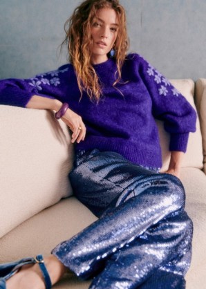 sezane GEORGIO TROUSERS in Storm Blue Sequins – women’s retro style fashion – glittering 70s vintage inspired clothing – womens sequinned clothes p - flipped