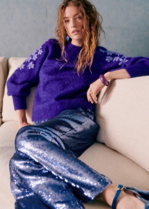 sezane GEORGIO TROUSERS in Storm Blue Sequins – women’s retro style fashion – glittering 70s vintage inspired clothing – womens sequinned clothes p