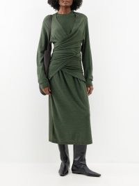 LEMAIRE Cardigan-layered merino-blend midi dress in green ~ chic wrap-around detailed winter dresses p