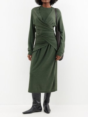 LEMAIRE Cardigan-layered merino-blend midi dress in green ~ chic wrap-around detailed winter dresses p - flipped