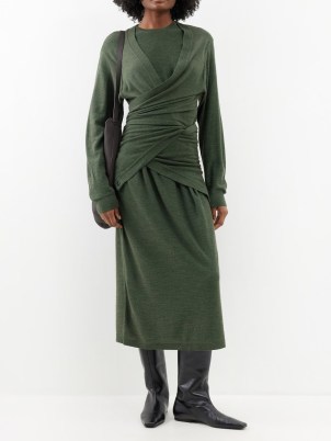 LEMAIRE Cardigan-layered merino-blend midi dress in green ~ chic wrap-around detailed winter dresses p