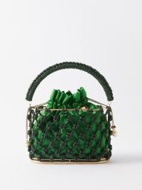 ROSANTICA Holli Nodi crystal-embellished satin handbag in green – sparkling occasion bags with an inner drawstring pouch – luxe evening event handbag