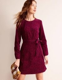 Boden Harriet Cord Dress Warm Cranberry, Pome Sprig / women’s corduroy long sleeve mini dresses / leaf print winter fashion