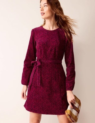 Boden Harriet Cord Dress Warm Cranberry, Pome Sprig / women’s corduroy long sleeve mini dresses / leaf print winter fashion p - flipped