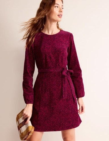 Boden Harriet Cord Dress Warm Cranberry, Pome Sprig / women’s corduroy long sleeve mini dresses / leaf print winter fashion p