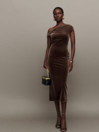 Reformation Jamen Knit Dress in Brown Velvet ~ luxe asymmetric column dresses ~ one shoulder evening occation fashion ~ chic party fashion