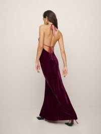 Reformation Jeany Velvet Dress in Chianti – plush jewel tone maxi dresses – strappy tie detail halterneck gown – luxe evenng event fashion