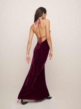 Reformation Jeany Velvet Dress in Chianti – plush jewel tone maxi dresses – strappy tie detail halterneck gown – luxe evenng event fashion - flipped
