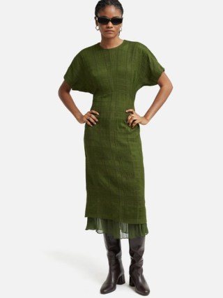 JIGSAW Textured Check Midi Dress in Green ~ short sleeve sheer hem dresses - flipped