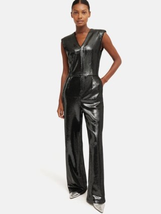 JIGSAW Sequin Jumpsuit in Charcoal – sequinned evening occasion jumpsuits – metallic party fashion – glittering all-in-one p - flipped